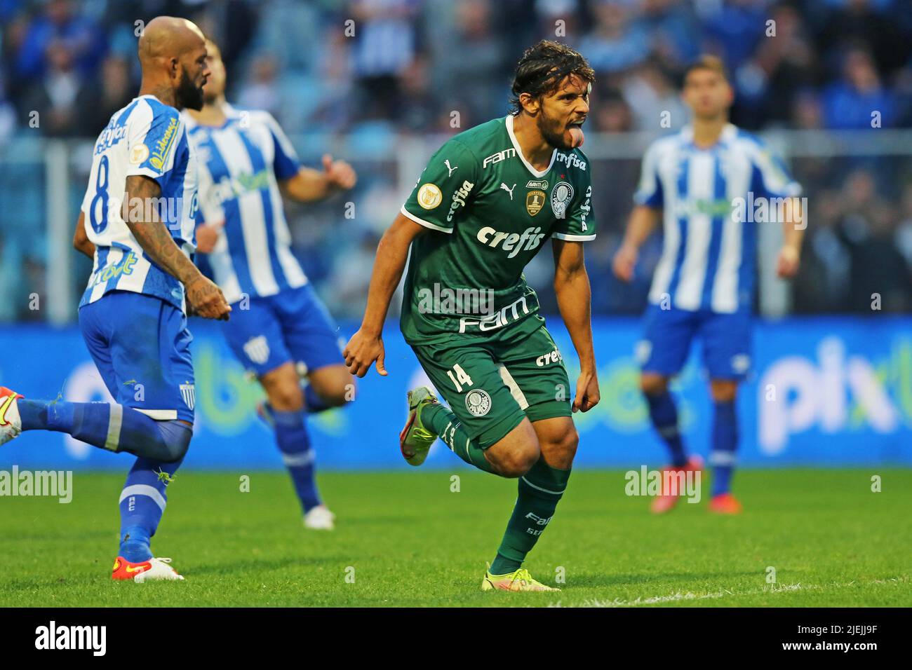 Sao Paulo, Brazil. 03rd Apr, 2022. SP - Sao Paulo - 03/04/2022 - PAULISTA  2022 FINAL, PALMEIRAS X SAO PAULO - Raphael Veiga jogador do Palmeiras  comemora seu gol durante partida contra