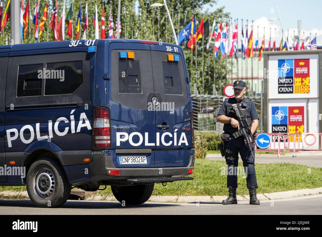 A policeman stands guard outside the Madrid Fair, venue for the upcoming NATO Summit in Madrid, Spain, June 27, 2022. Spain will host a two-day NATO summit starting June 29.   Photo by Paul Hanna/UPI Stock Photo
