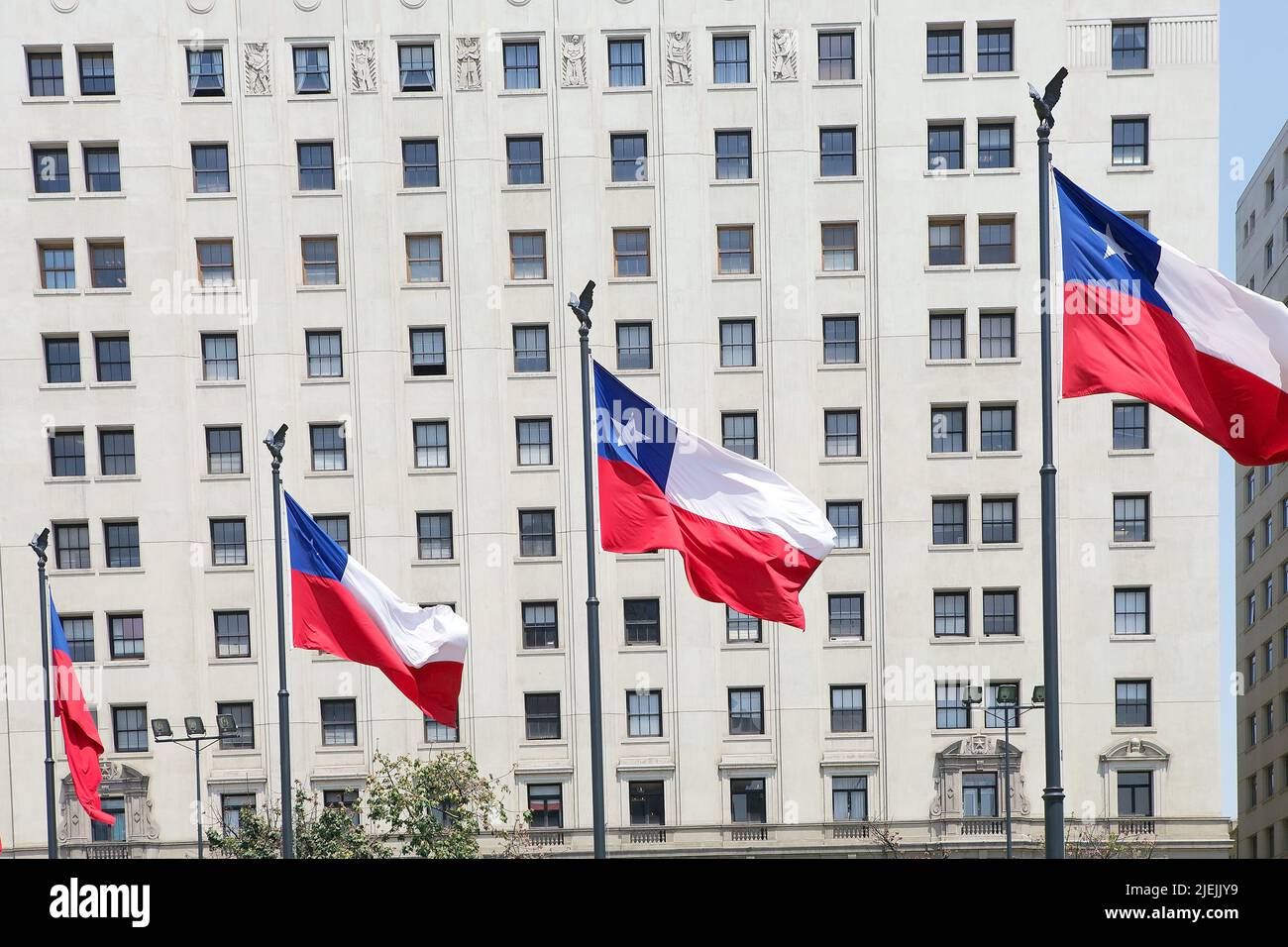 Flags of Chile in La Ciudadania square, near the La Moneda Palace