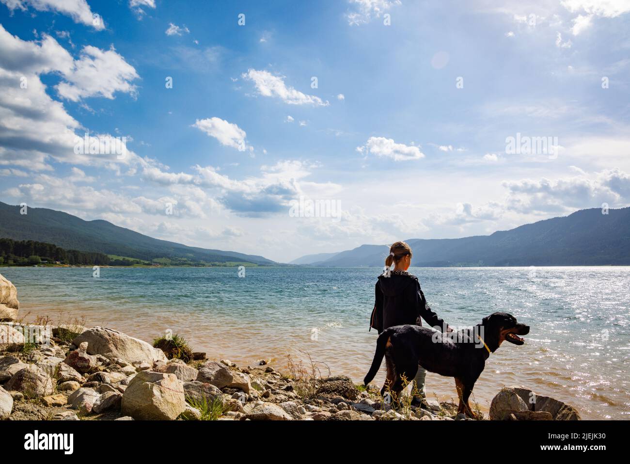 Little girl stands near her big dog friend of Rottweiler breed on empty wild rocky shore near transparent turquoise lake, against backdrop of green Rh Stock Photo