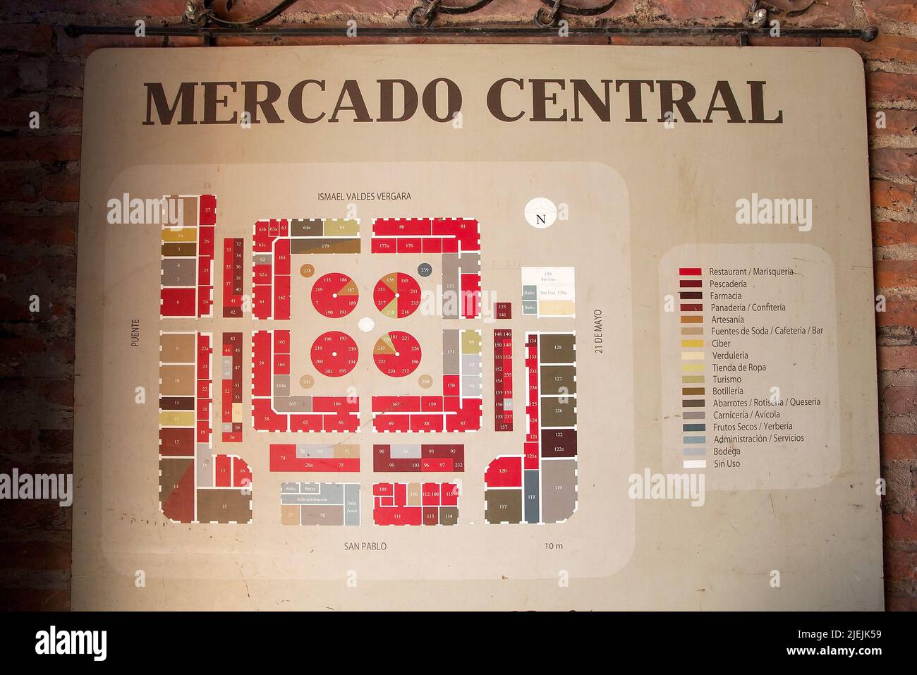 Mercado Central map at the Santiago de Chile, Chile. The Mercado Central was opened in 1872 and it is the central market of santiago de Chile Stock Photo