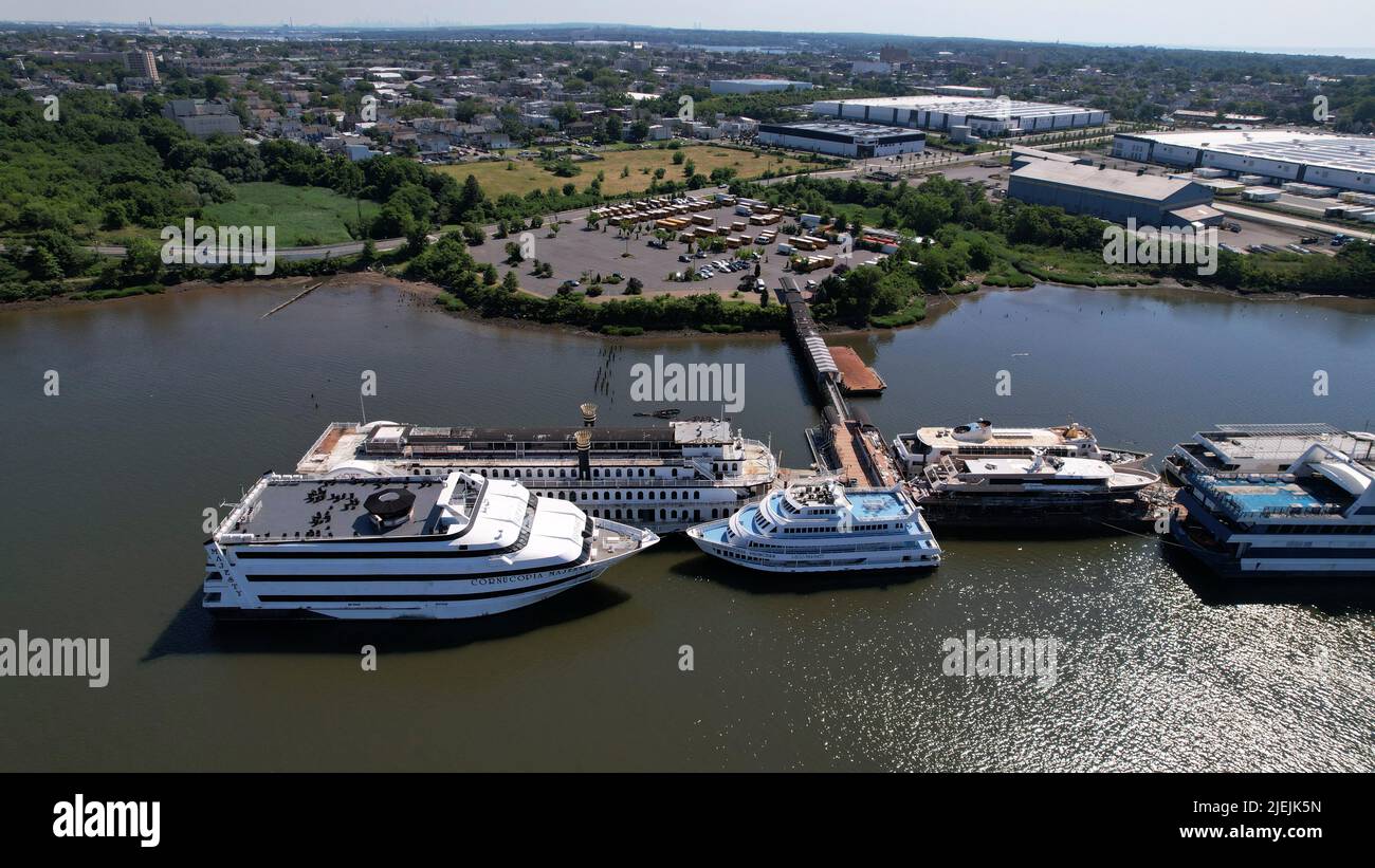 Aerial view of ships docked on the Raritan River in Perth Amboy, NJ Stock Photo