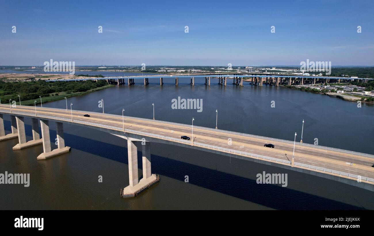 Aerial view of the Victory Bridge spanning the Raritan River between Perth Amboy and Sayreville, NJ Stock Photo