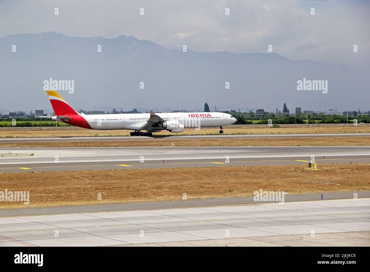 IBERIA aircraft is taking off at the Santiago airport, Chile. IBERIA is