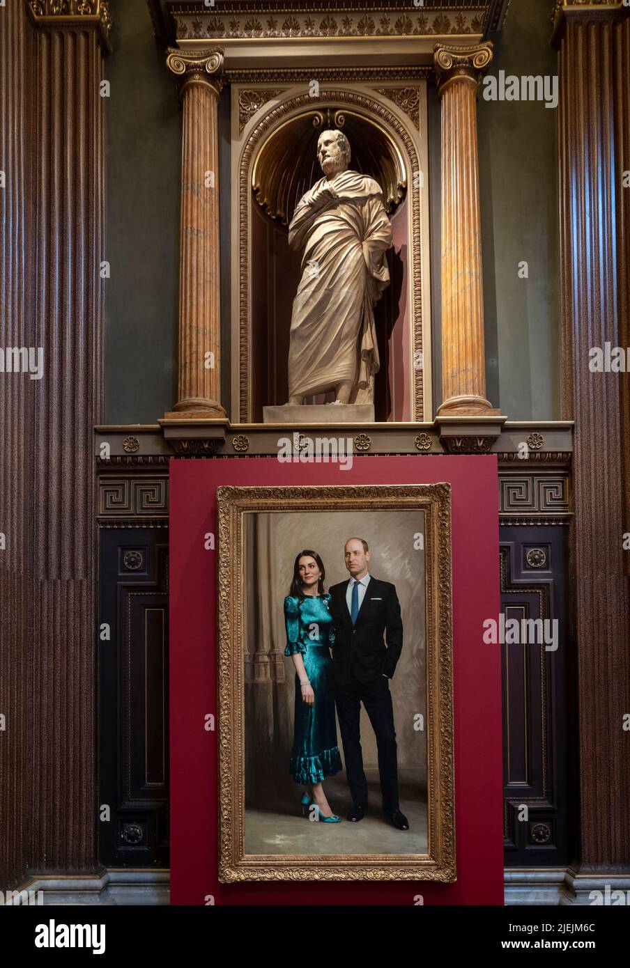 Portrait of Prince William and Catherine, Duchess of Cambridge by Jamie Coreth  in the Fitzwilliam Museum 26 June 2022 Portrait of the Duke and Duchess of Cambridge is the first official joint portrait of Prince William, Duke of Cambridge, and Catherine, Duchess of Cambridge, unveiled at the Fitzwilliam Museum on 23 June 2022 in the presence of the couple.Following an idea by Sir Michael Marshall, Jamie Coreth was commissioned in 2021 by the Cambridgeshire Royal Portrait Fund, which is held by the Cambridge Community Foundation, to paint a portrait of the Duke and Duchess as a gift to Cambridg Stock Photo