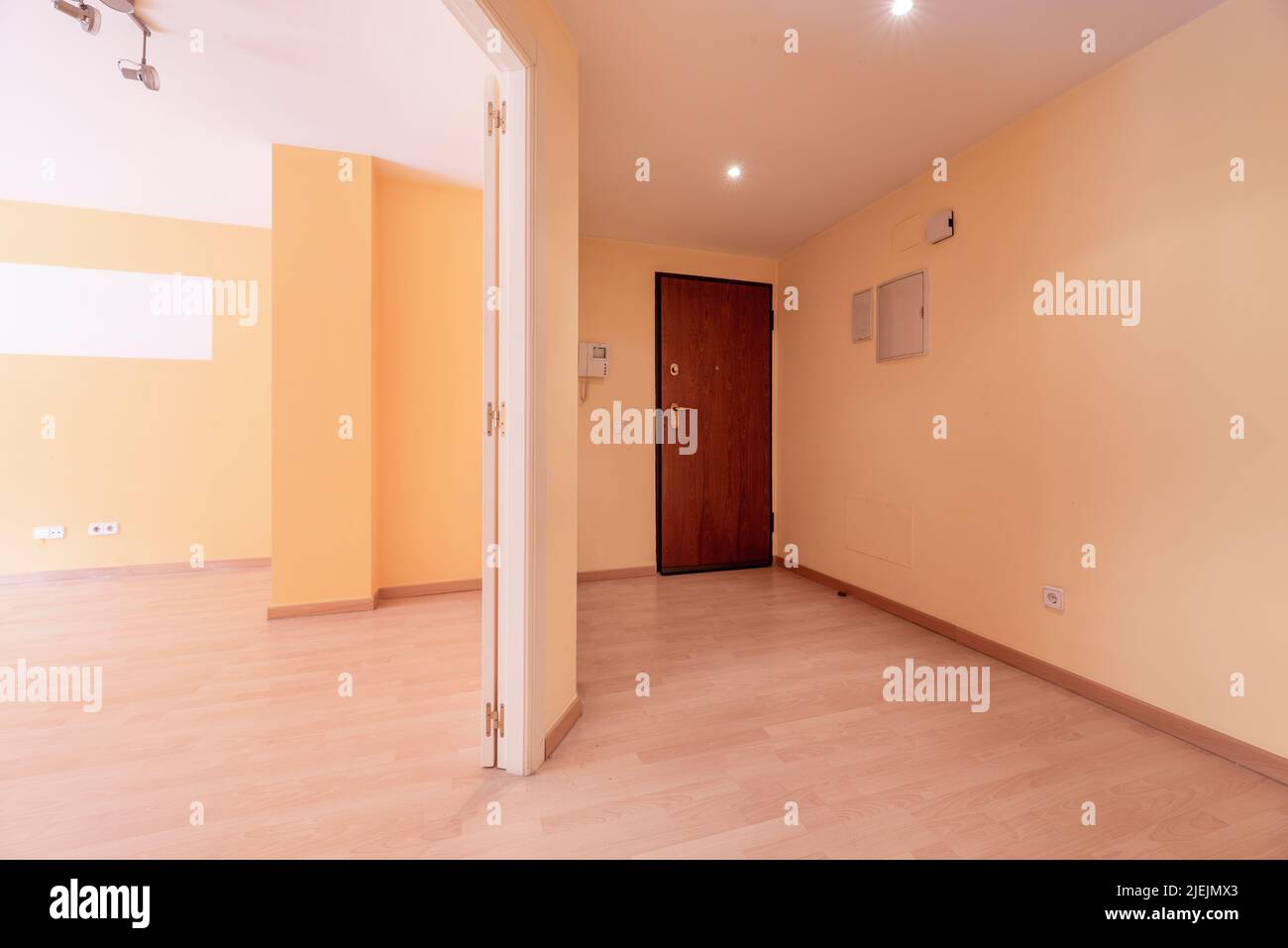 Entrance hall of a house with a wooden door, oak wood floors and light yellow painted walls with access to a larger room Stock Photo