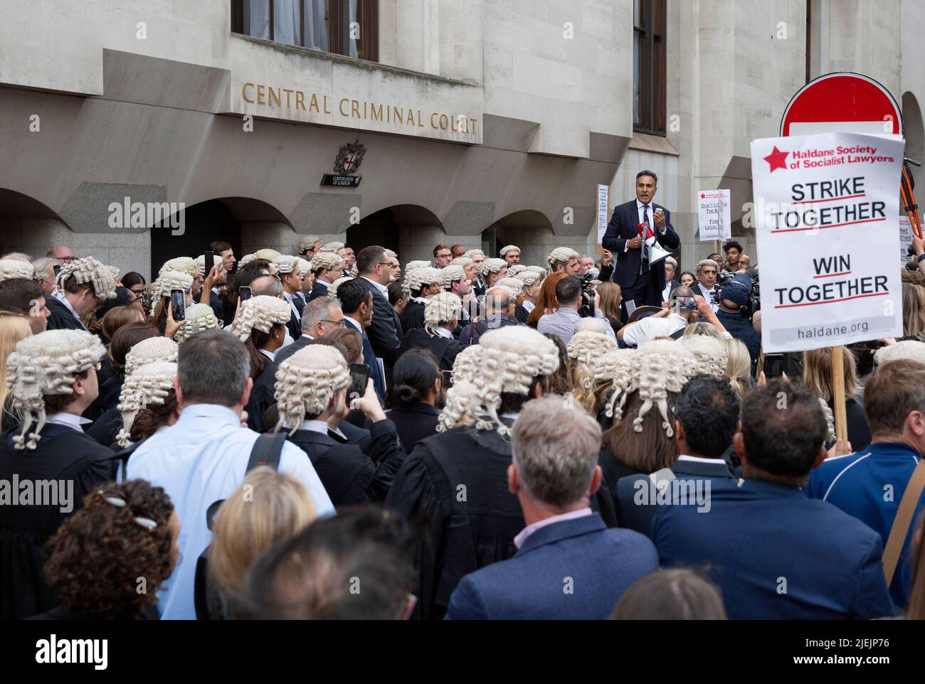 London ,United Kingdom  -27/06/2022. QC Jo Sidhu a leading criminal Barrister speaks to Criminal Barristers that are seen striking as they picket outs Stock Photo
