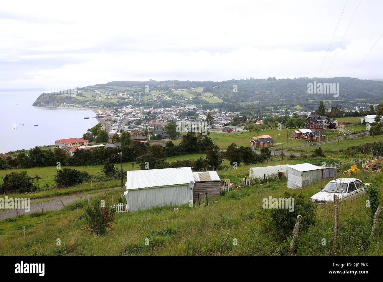 Panoramic view of Achao from Alto La Paloma viewpoint, Quinchao Ilsand, Chiloe Archipelago, Chile Stock Photo