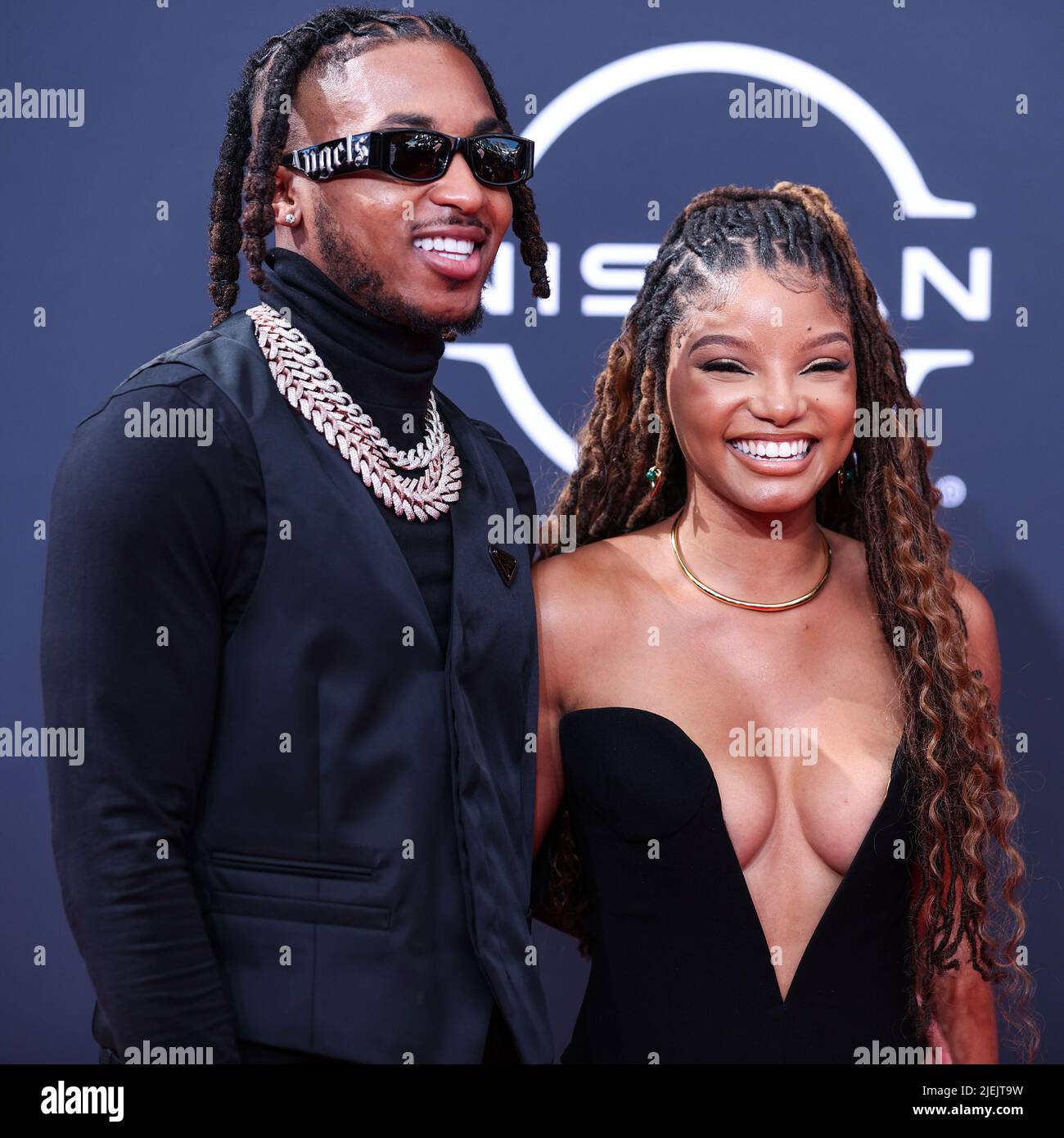 LOS ANGELES, CALIFORNIA, USA - JUNE 26: DDG and Halle Bailey arrive at the BET Awards 2022 held at Microsoft Theater at L.A. Live on June 26, 2022 in Los Angeles, California, United States. (Photo by Xavier Collin/Image Press Agency) Credit: Image Press Agency/Alamy Live News Stock Photo