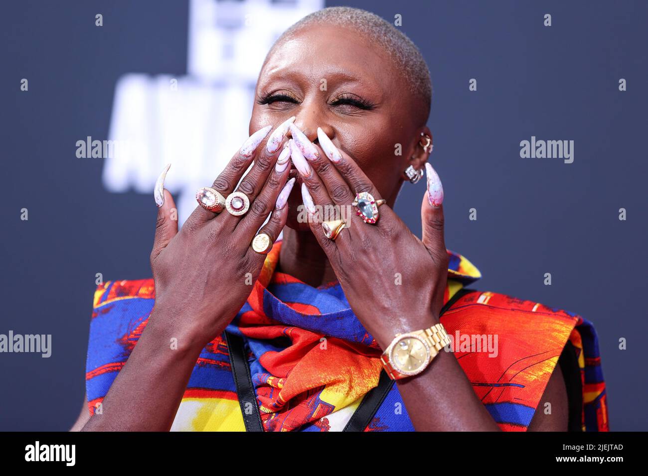 LOS ANGELES, CALIFORNIA, USA - JUNE 26: English actress Cynthia Erivo wearing a Louis Vuitton outfit arrives at the BET Awards 2022 held at Microsoft Theater at L.A. Live on June 26, 2022 in Los Angeles, California, United States. (Photo by Xavier Collin/Image Press Agency) Credit: Image Press Agency/Alamy Live News Stock Photo