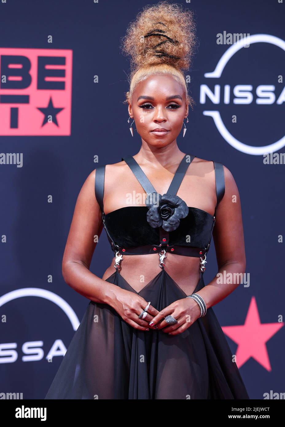LOS ANGELES, CALIFORNIA, USA - JUNE 26: American singer-songwriter Janelle Monáe (Janelle Monae) wearing a Roberto Cavalli dress arrives at the BET Awards 2022 held at Microsoft Theater at L.A. Live on June 26, 2022 in Los Angeles, California, United States. (Photo by Xavier Collin/Image Press Agency) Credit: Image Press Agency/Alamy Live News Stock Photo