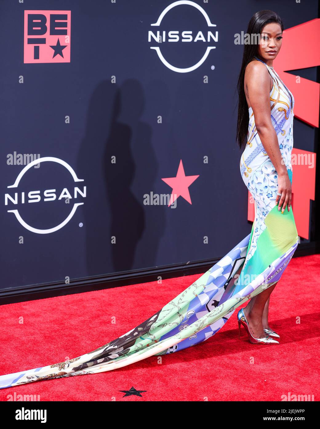 LOS ANGELES, CALIFORNIA, USA - JUNE 26: American actress Keke Palmer wearing a Conner Ives dress arrives at the BET Awards 2022 held at Microsoft Theater at L.A. Live on June 26, 2022 in Los Angeles, California, United States. (Photo by Xavier Collin/Image Press Agency) Credit: Image Press Agency/Alamy Live News Stock Photo