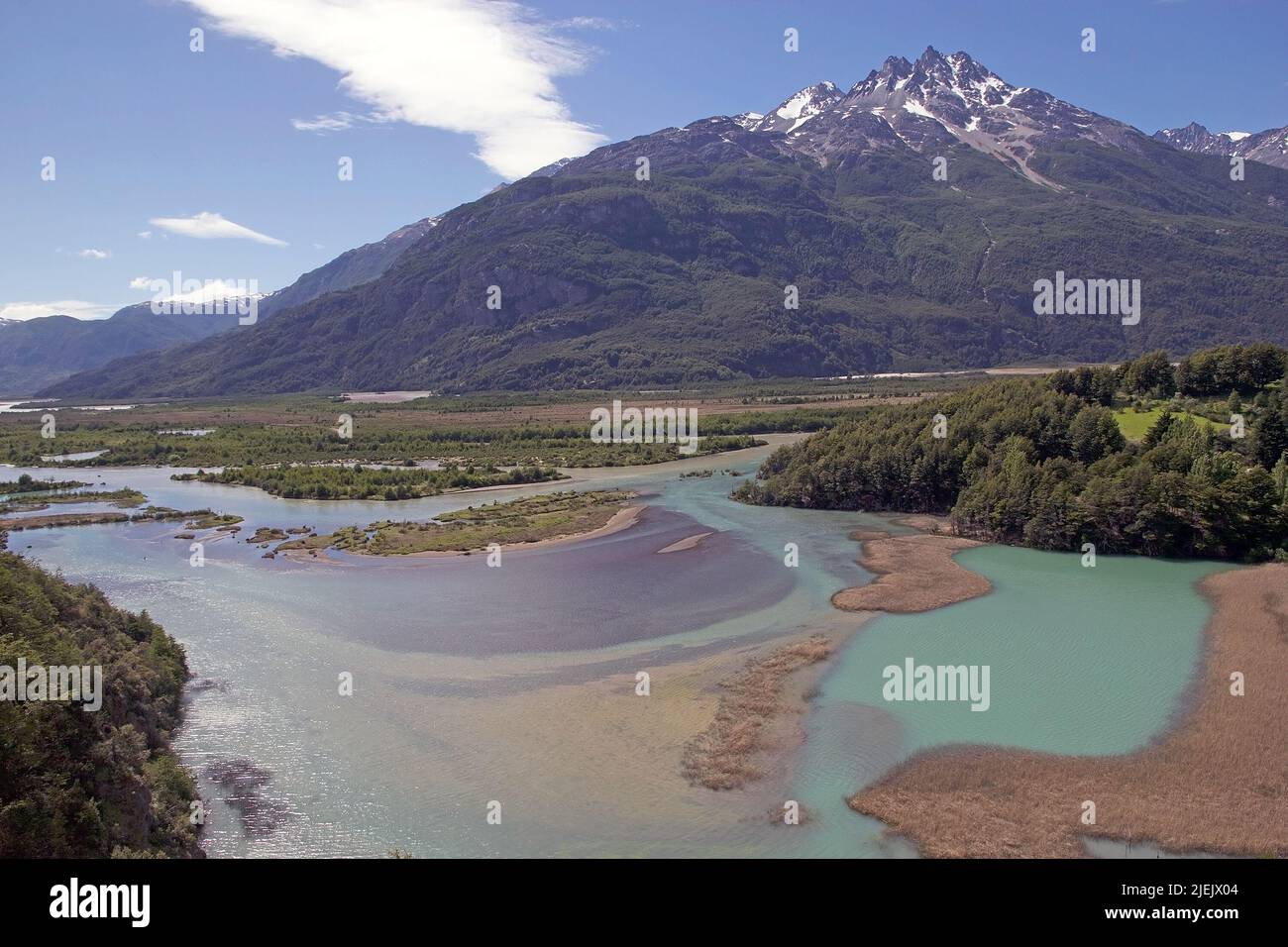 Patagonia landscape with Ibanez river and Andes in the background ...