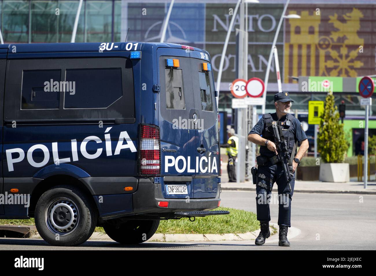 Madrid, Spain. 27th June, 2022. A policeman stands guard outside the Madrid Fair, venue for the upcoming NATO Summit in Madrid, Spain, June 27, 2022. Spain will host a two-day NATO summit starting June 29. Photo by Paul Hanna/UPI Credit: UPI/Alamy Live News Stock Photo