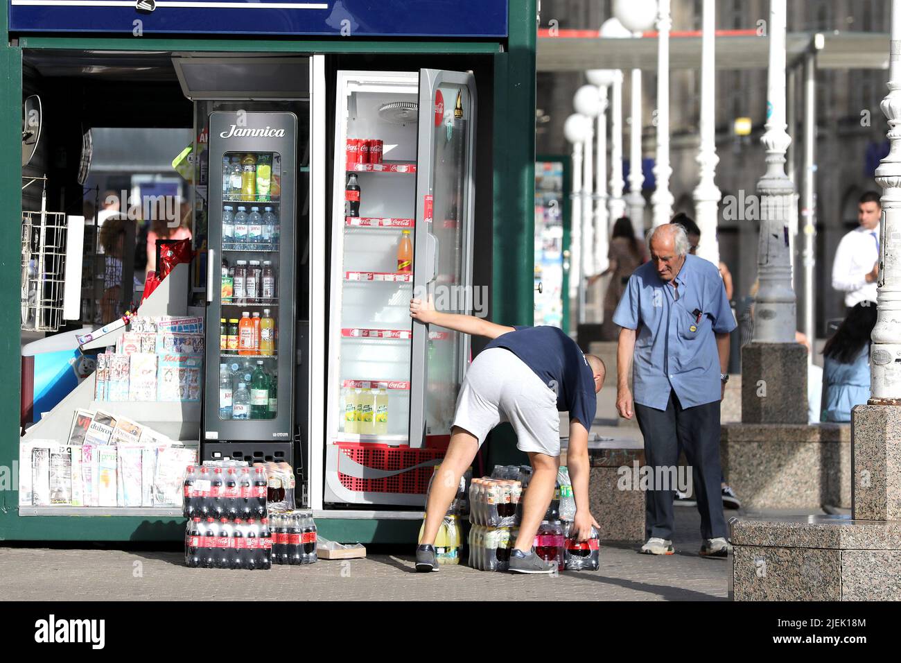Zagreb, Croatia. 27th June, 2022. The seller in the tobacco has been  preparing for the heat wave since morning in Zagreb, Croatia on June 27,  2022. The announced heat wave has arrived