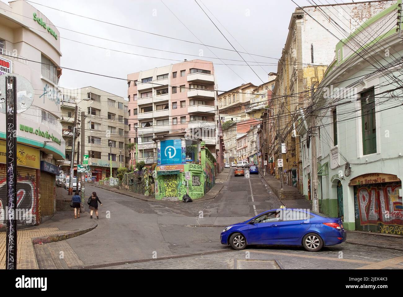 Urban street in Valparaiso, Chile, with the Pacific Ocean in the