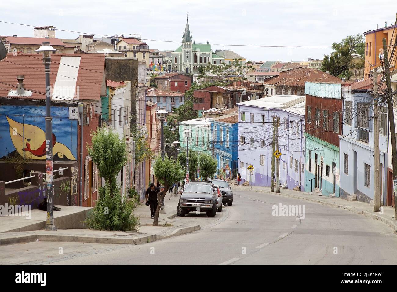 Street in Valparaiso, Chile. Valparaiso was declared a World Heritage Site by UNESCO in 2003. Stock Photo