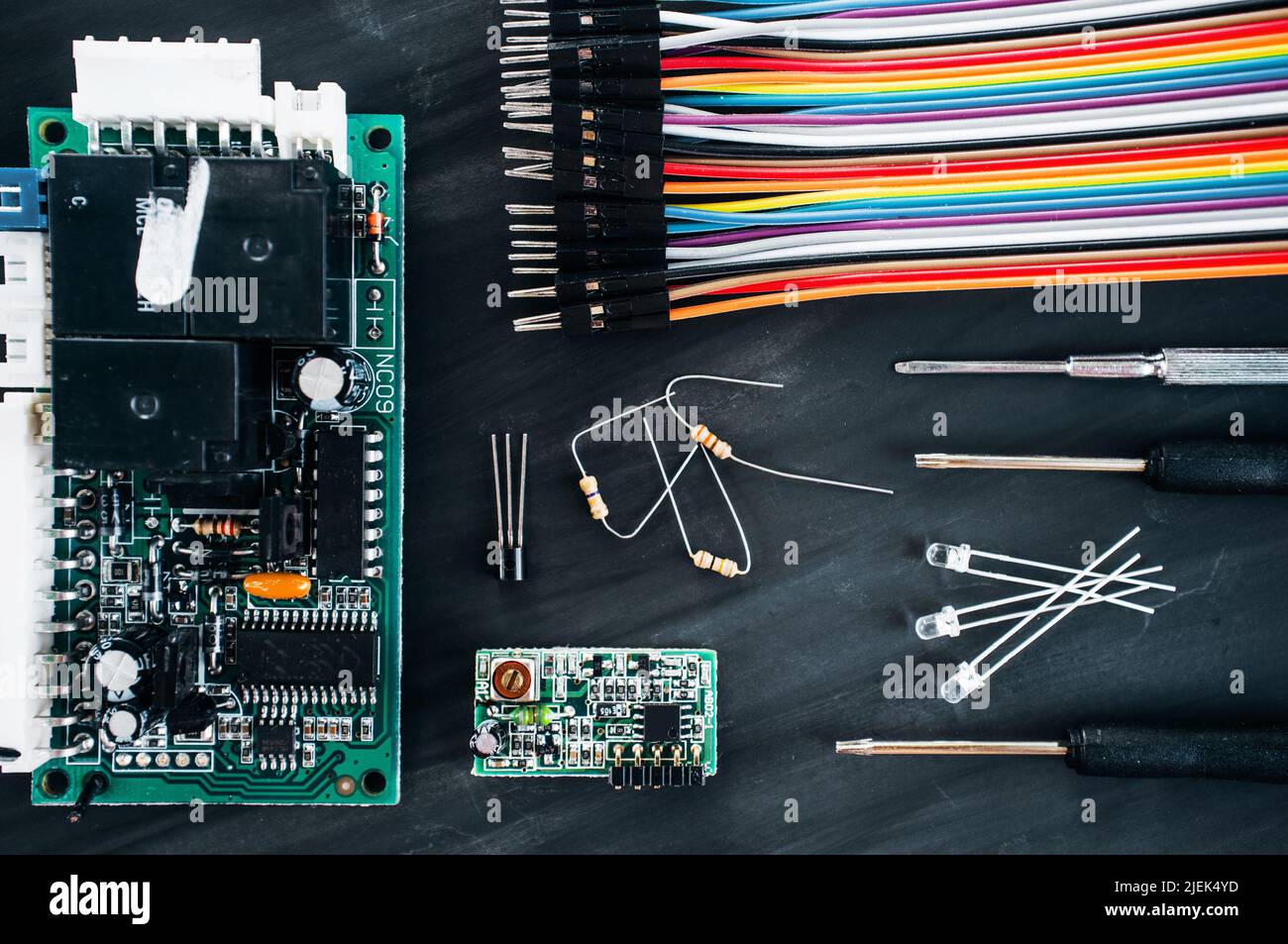Computer circuit with cables and details flat lay Stock Photo Alamy