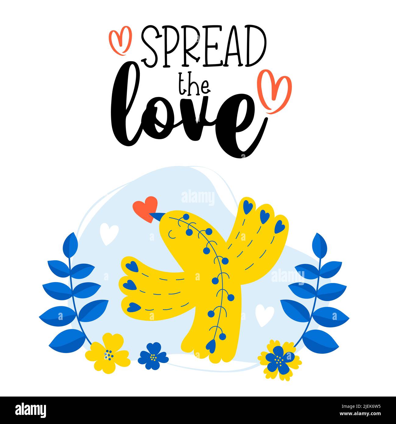Postcard Spread love. Decorative blue-yellow bird with red heart in its beak on background of flowers. Vertical postcard. Vector illustration for deco Stock Vector