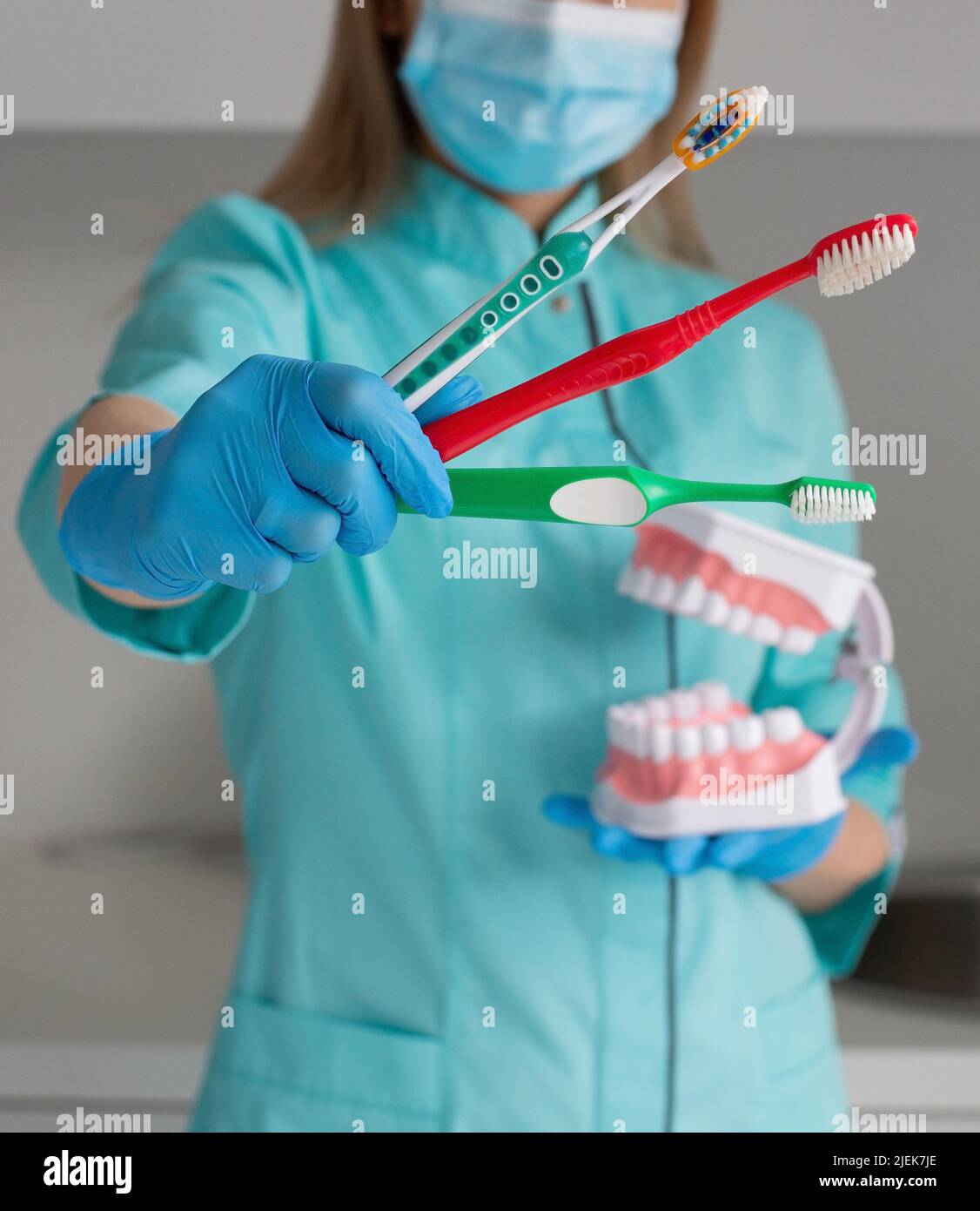 Three Different toothbrushes in a hand of Hygienist, Dentist Stock