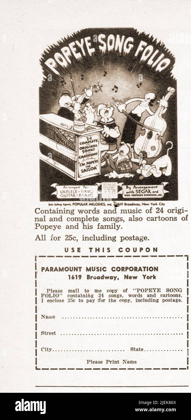 An advertisement from a 1938 music magazine for a Popeye Song Folio. Cost was 25 cents, postage included. Stock Photo