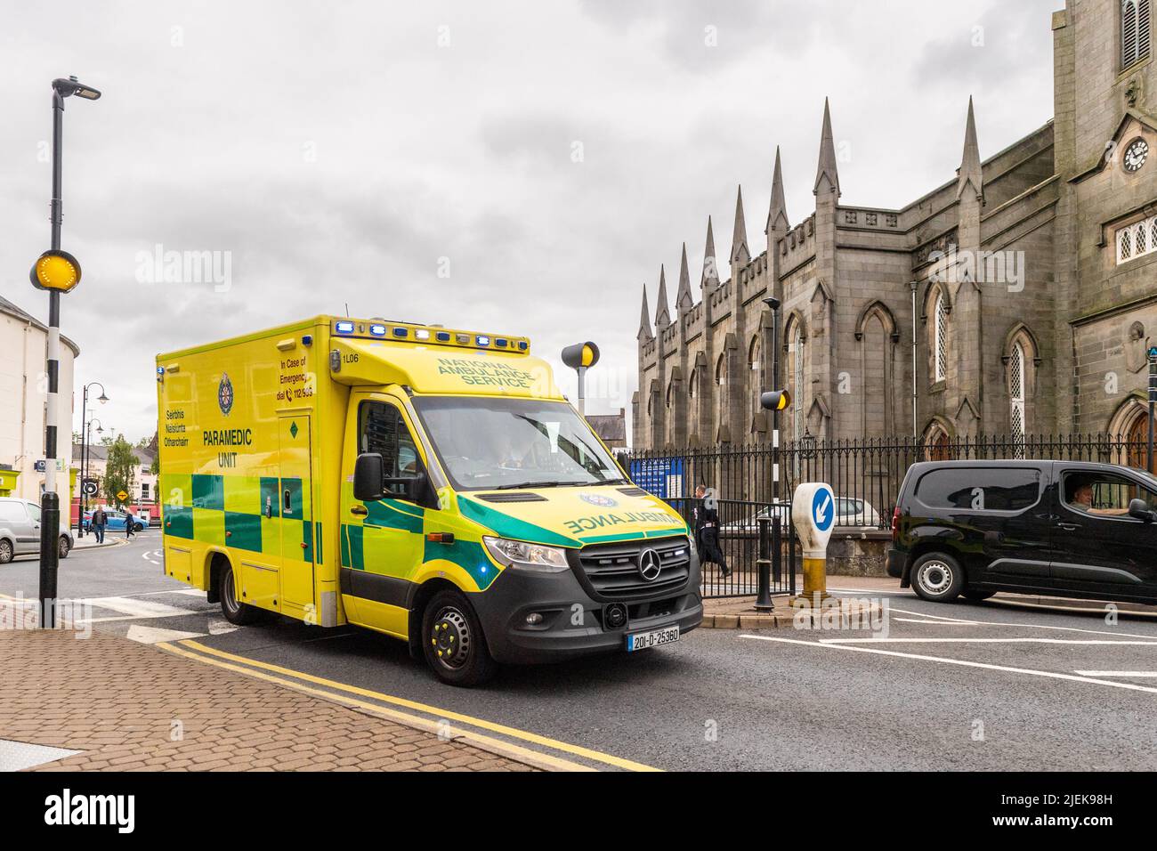 Emergency Ambulance responding to an emergency in Mongahan, Co. Monaghan, Ireland. Stock Photo