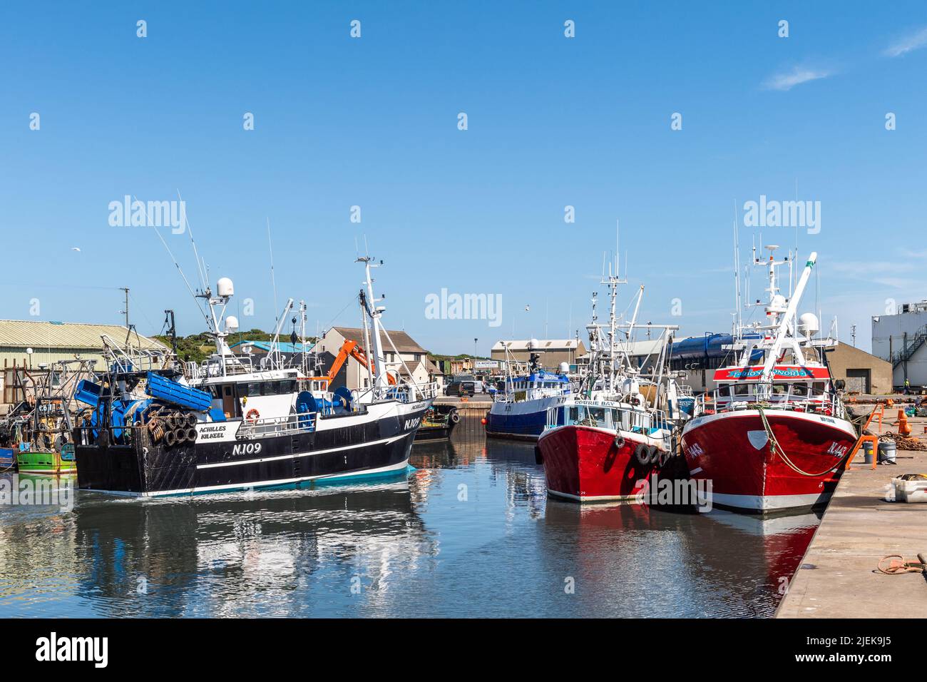 MV Fishing Trawler 'Achillies' departing Kilkeel Harbour, County Down, Northern Ireland, UK. Stock Photo