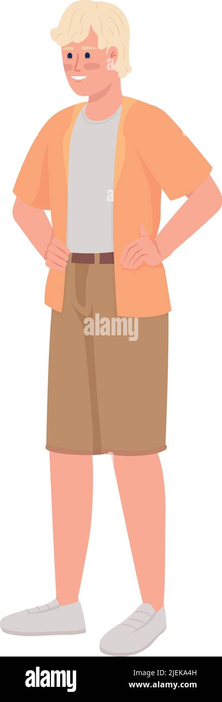 Positive man holding hands on waist semi flat color vector character Stock Vector