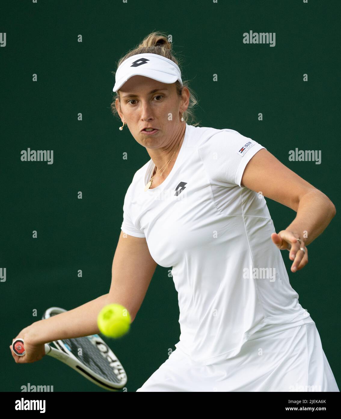 London, UK. . 27th June, 2022. Belgian Elise Mertens pictured in action during a first round game in the women's singles tournament between Belgian Mertens (WTA30) and Colombian Osorio (WTA61) at the 2022 Wimbledon grand slam tennis tournament at the All England Tennis Club, in south-west London, Britain, Monday 27 June 2022. BELGA PHOTO BENOIT DOPPAGNE Credit: Belga News Agency/Alamy Live News Stock Photo