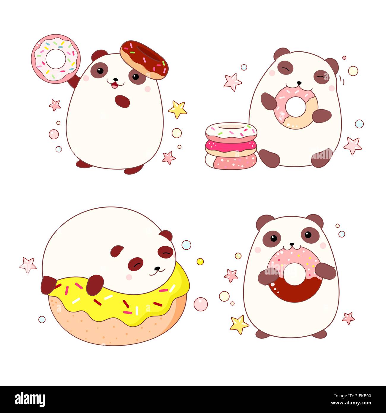 Set of cute little pandas with donuts. Collection of lovely fat pandas with sweet bakery. Vector illustration EPS8 Stock Vector