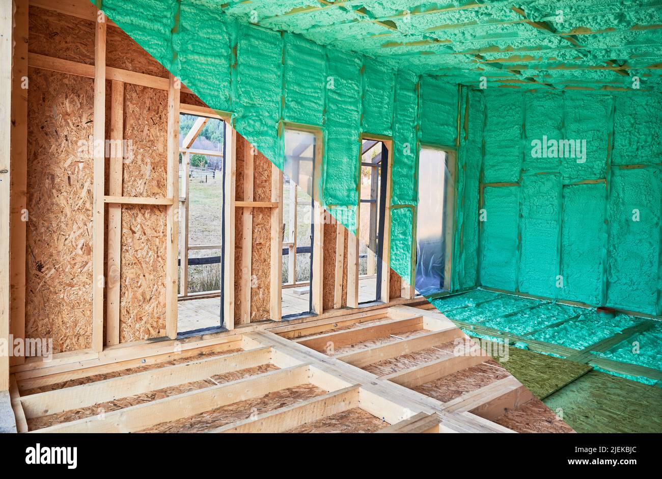 Photo collage before and after thermal insulation room in wooden frame ...