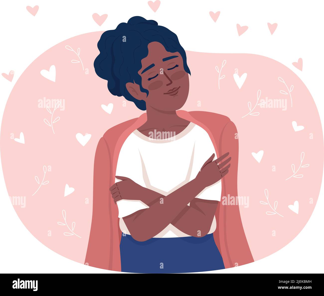 Tranquil lady hugging herself 2D vector isolated illustration Stock Vector