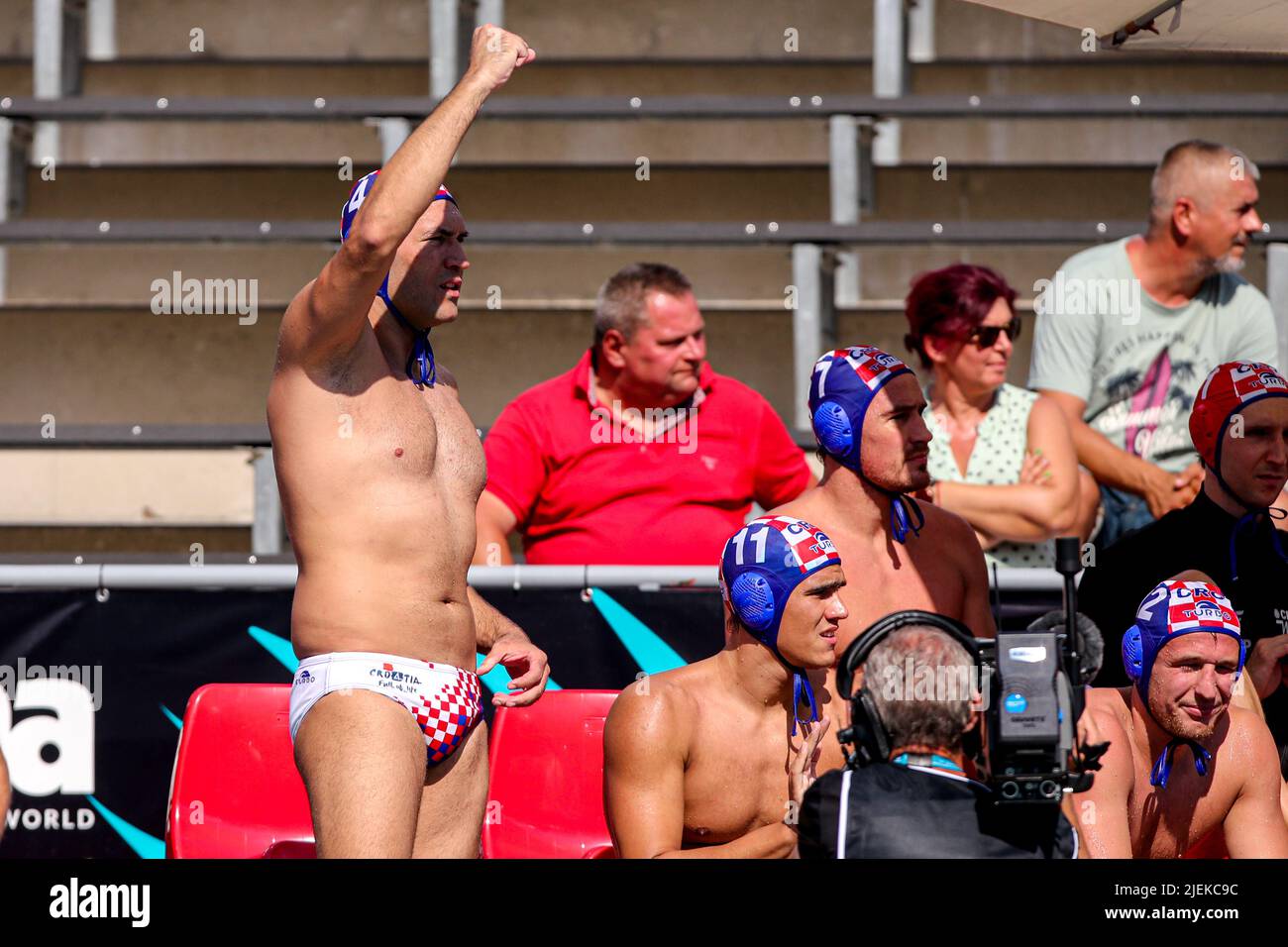 BUDAPEST, HUNGARY - JUNE 27: Ivan Krapic of Croatia cheering during the FINA World Championships Budapest 2022 1/8 finals match between Georgia and Croatia on June 27, 2022 in Budapest, Hungary (Photo by Albert ten Hove/Orange Pictures) Stock Photo