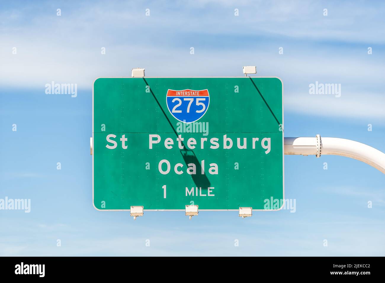 Tampa, Florida area with road street interstate highway green sign for i275 south to St Petersburg and Ocala text isolated closeup and sky Stock Photo