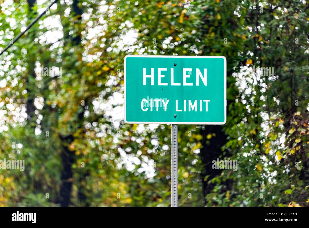 Direction sign on road street for Helen, Bavarian village town