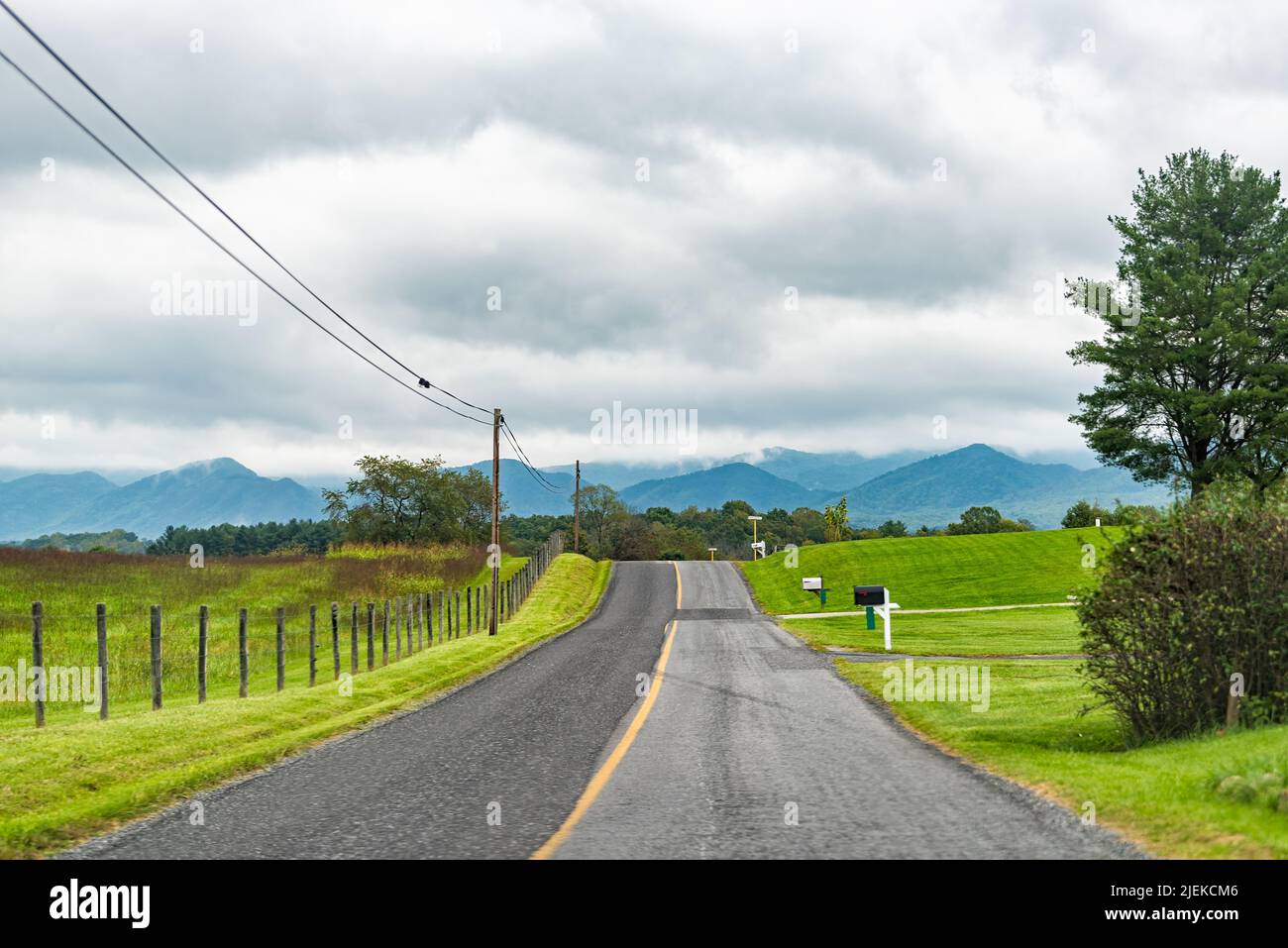 Buena Vista, Virginia small countryside rural town in USA in fall season with empty road through