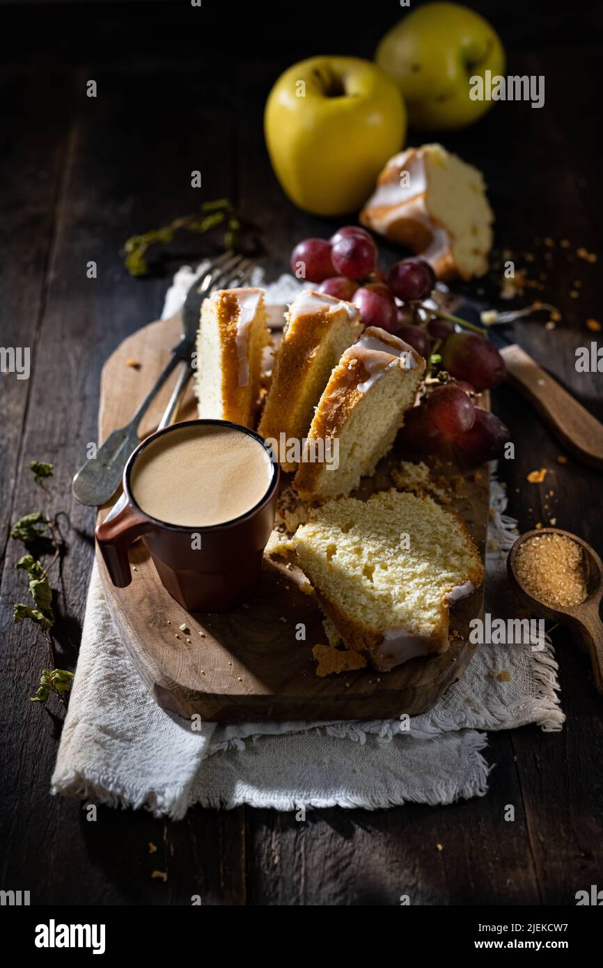 Coffee with cake. Delicious breakfast.Sweet food and drink.Autumn snack and espresso Stock Photo