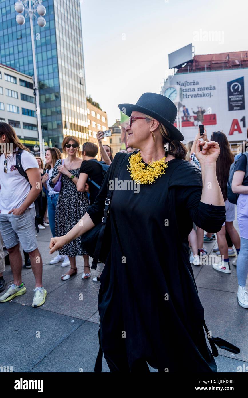 Woman dancing, Demonstration in favour of free abortion on demand at the Central square in Zagreb, Croatia Stock Photo