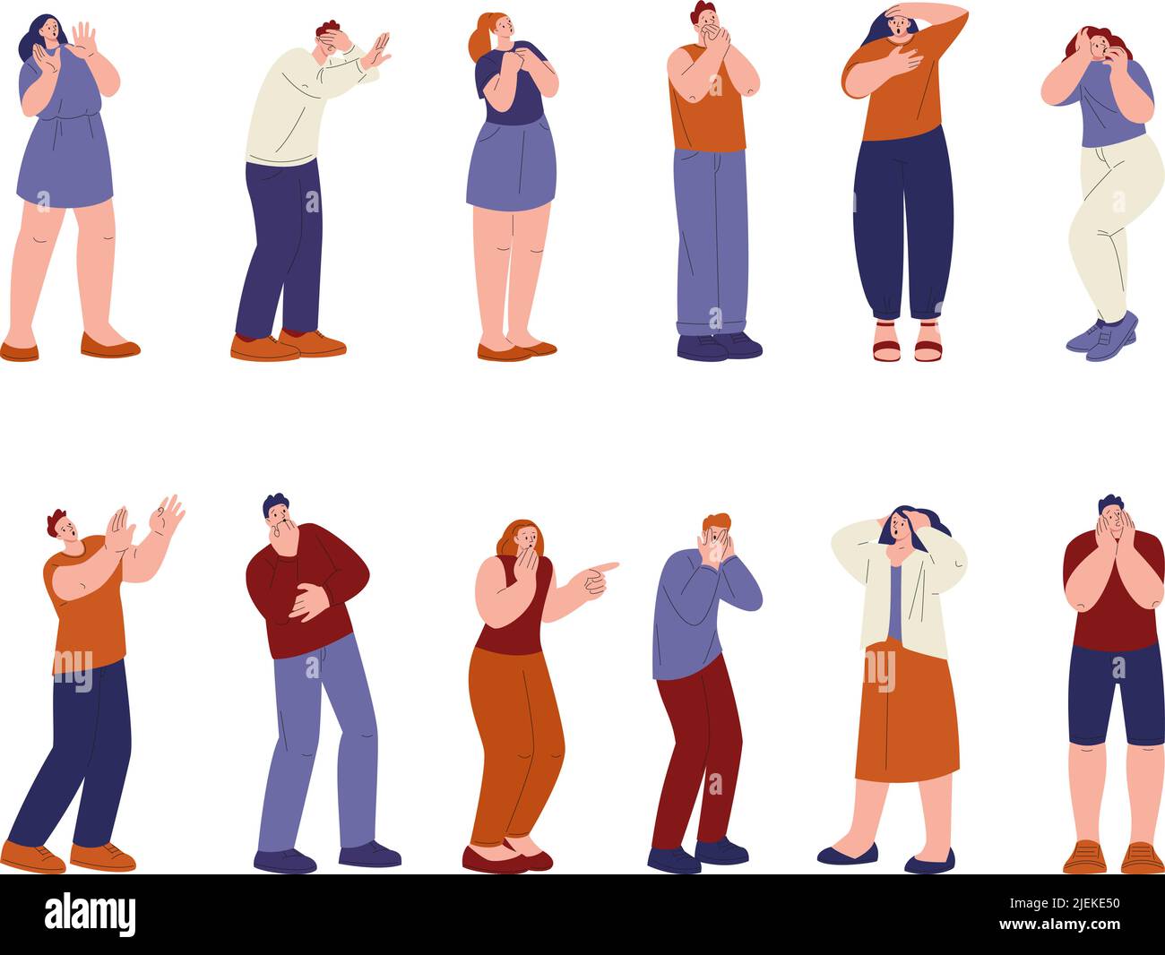 Woman astonishment and people afraid. Scared faces, person frightened stunned or feared. Panicking flat characters, emotional kicky male female vector Stock Vector