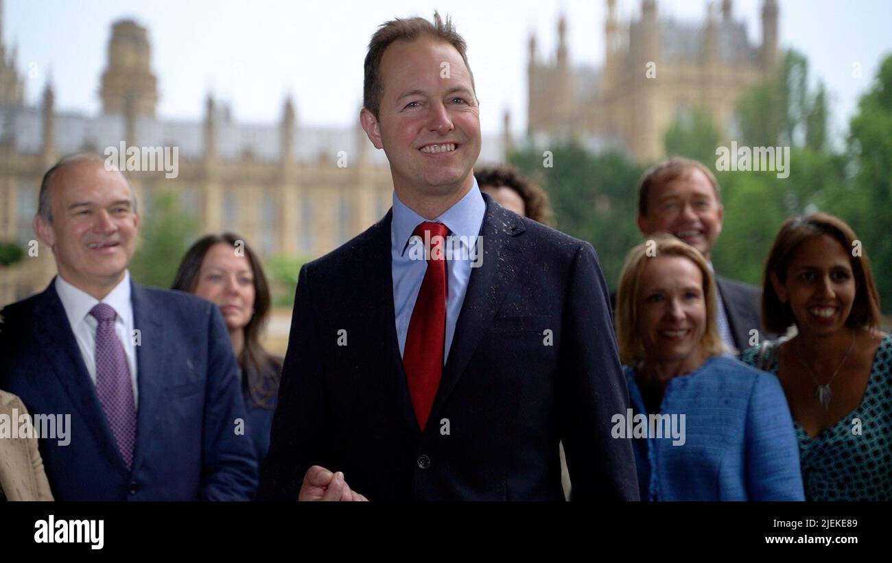 Screengrab taken from PA Video of newly elected MP for Tiverton and Honiton, Richard Foord, is welcomed by LibDem leader Ed Davey (left) on his first day working at the Houses of Parliament, Westminster, London. Picture date: Monday June 27, 2022. Stock Photo
