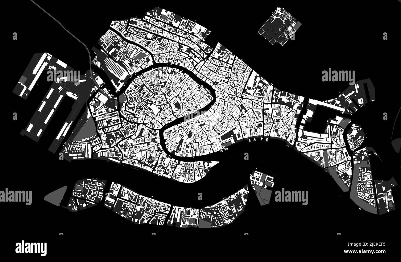 Venice vector map. Detailed vector map of Venice city administrative area. Cityscape poster metropolitan aria view. Black land with white buildings, w Stock Vector