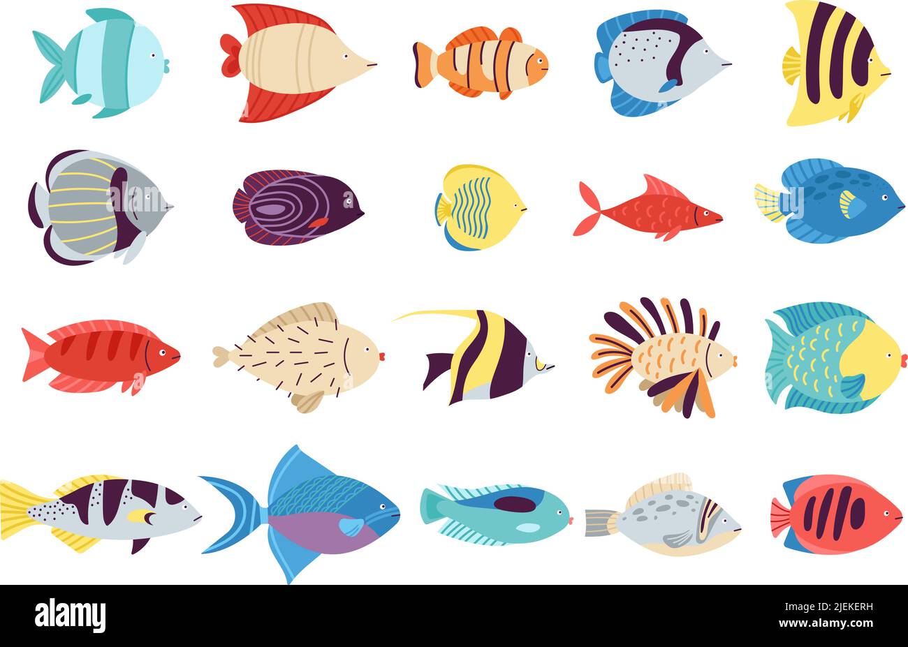 Exotic fish set. Creatures colourful, fishes sea or tropical ocean life. Underwater and aquarium cute animal and goldfish. Isolated decent water Stock Vector