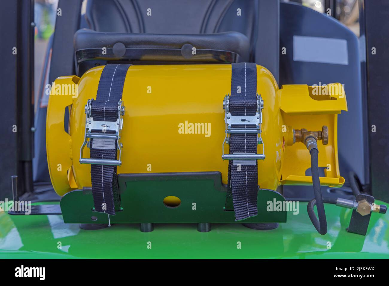 Yellow Gas Bottle Secured With Ratchet Straps Lpg Powered Forklift