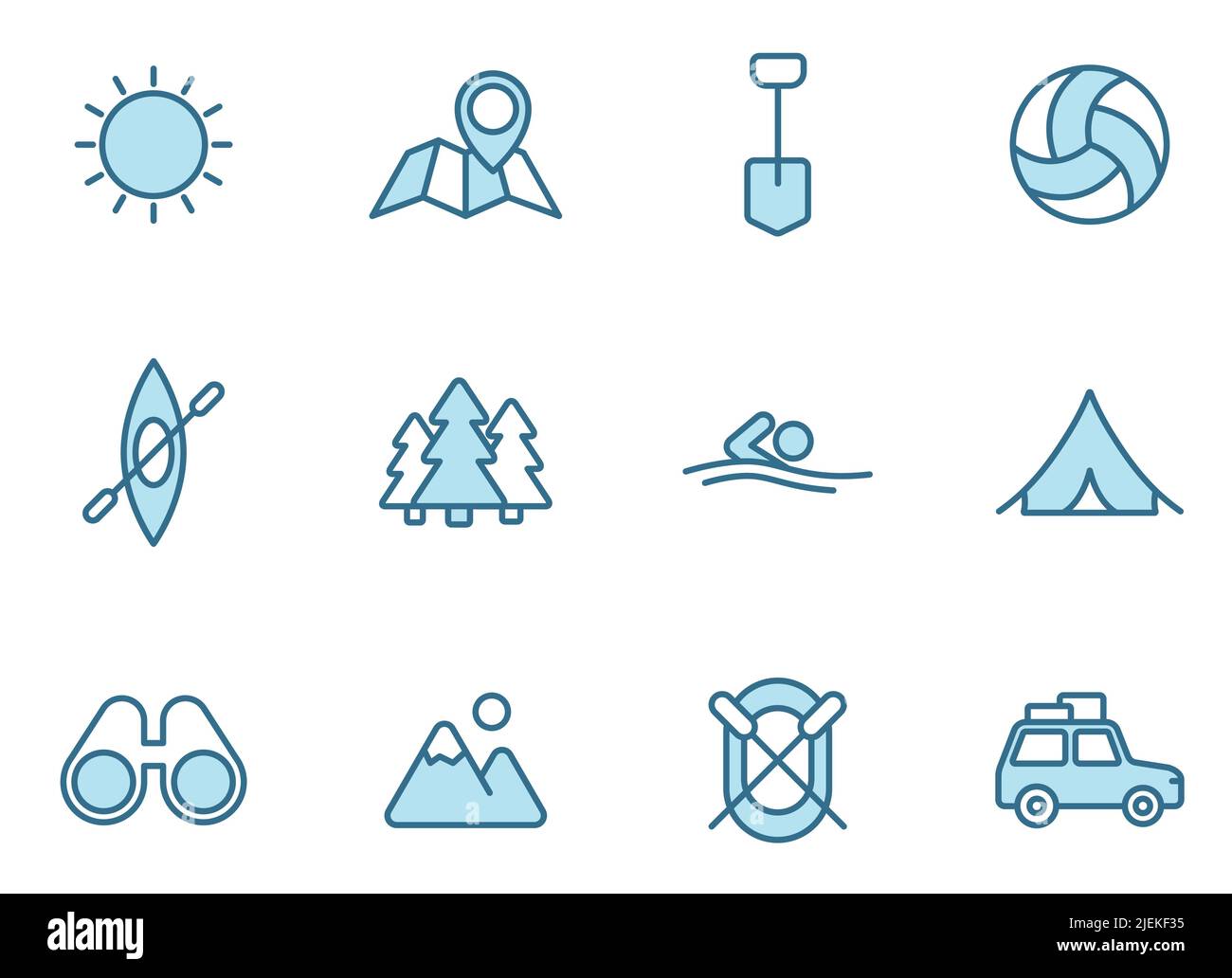 summer camping linear vector icons in two colors isolated on white background. Stock Vector