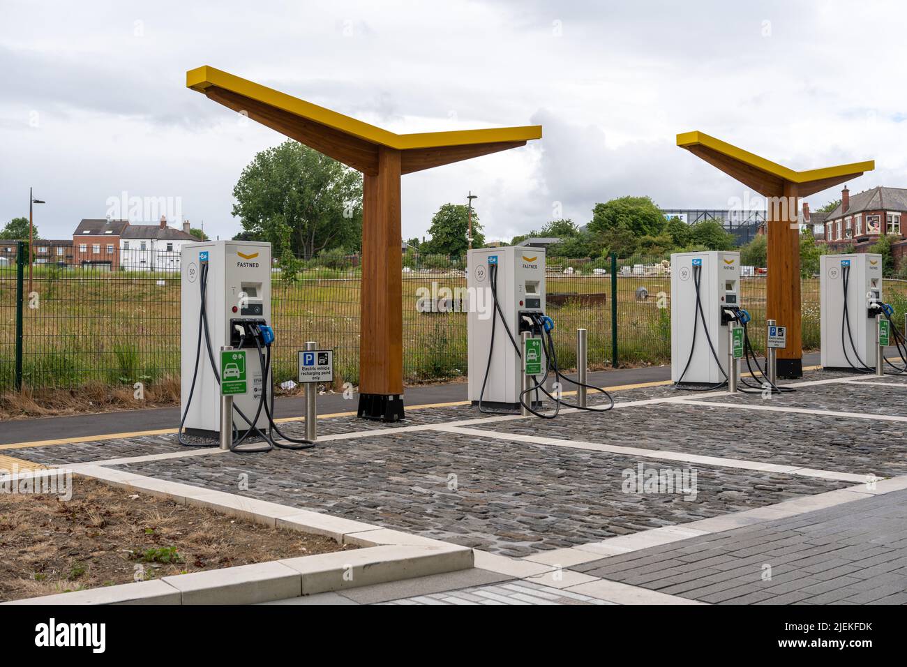 Fastned electric vehicle or ev charging points or station at Newcastle Helix, Newcastle upon Tyne, UK. Stock Photo