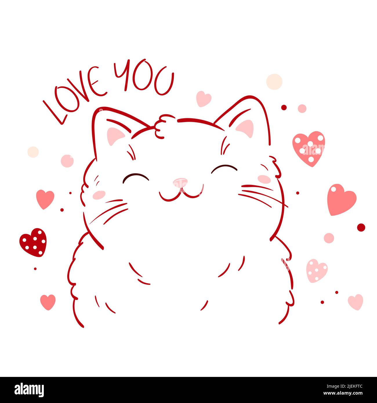 Cute Valentine card in kawaii style. Lovely cat with pink hearts ...