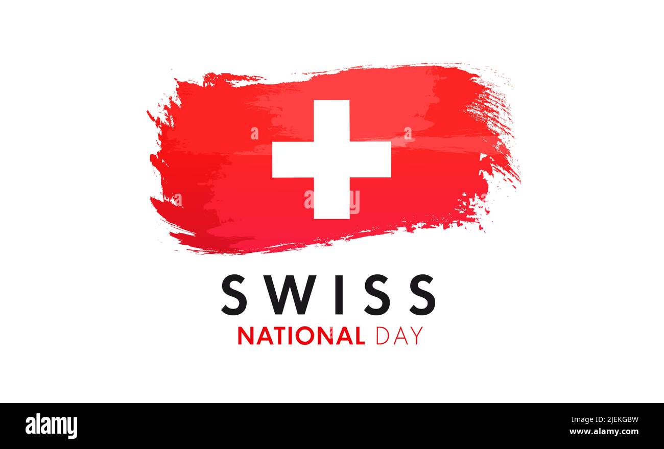 Swiss National Day text and watercolor flag. Switzerland Confederation holiday poster or banner. Design with lettering and flag, 1st of August card Stock Vector