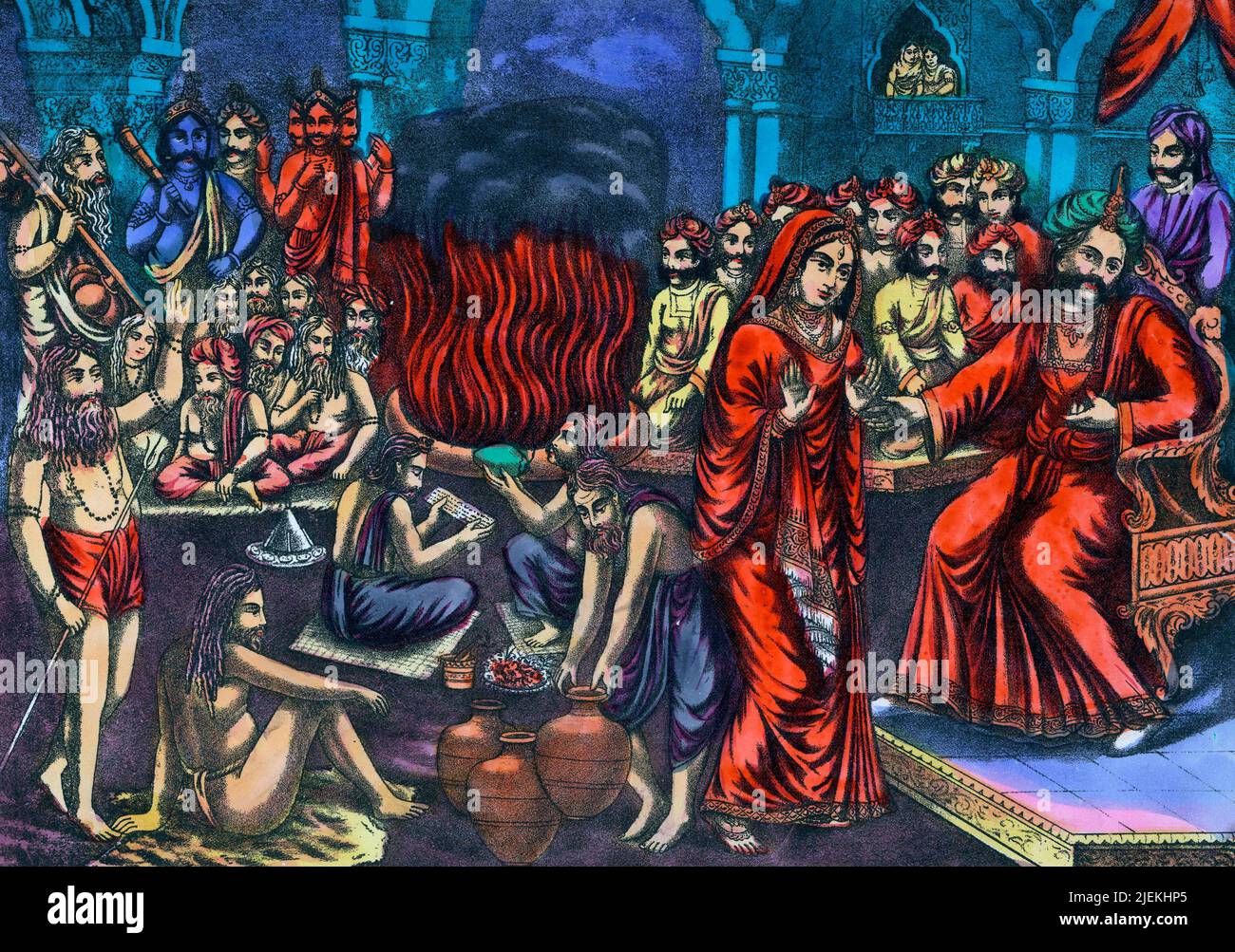 . Sati, the first wife of Shiva, stands facing her father Daksha, seated on a throne. They argue after Daksha defiled a statue of the god and refused to invite Shiva to the sacrifice. Sati commits suicide in grief for her beloved. A sadhu, symbolising Shiva, is seated in the foreground Stock Photo