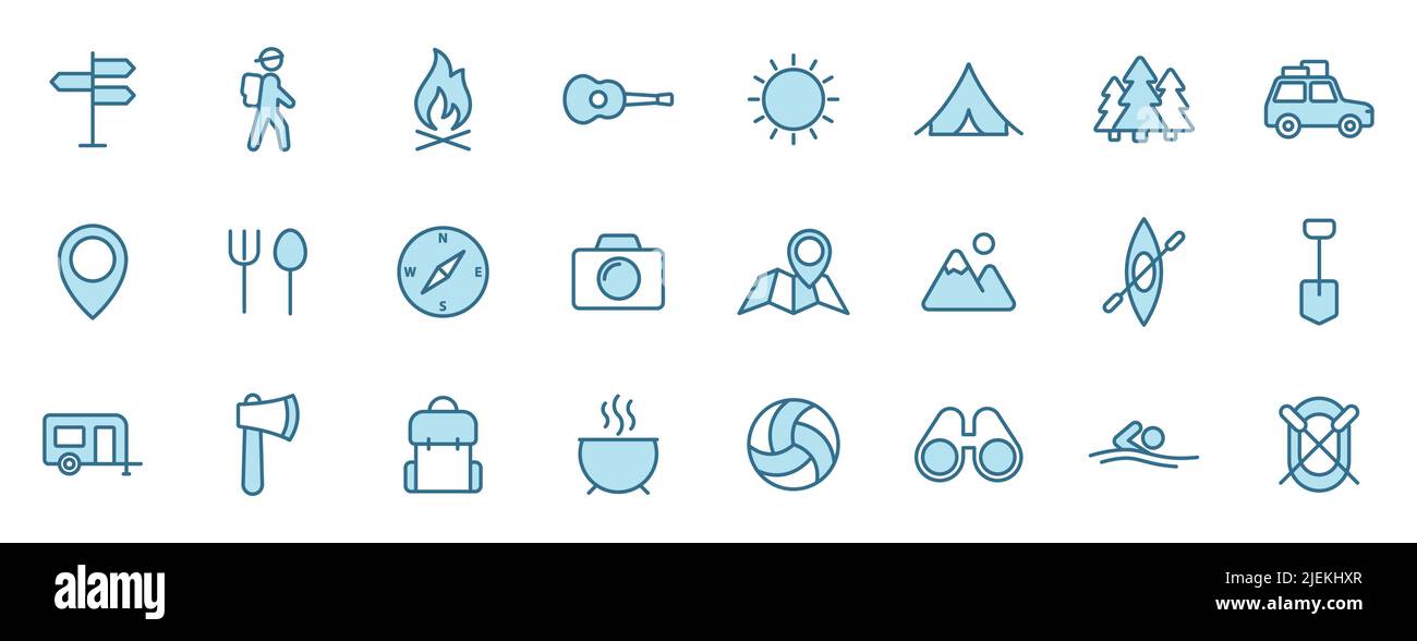 camping outline icons in two colors for web, mobile and ui design. Stock Vector