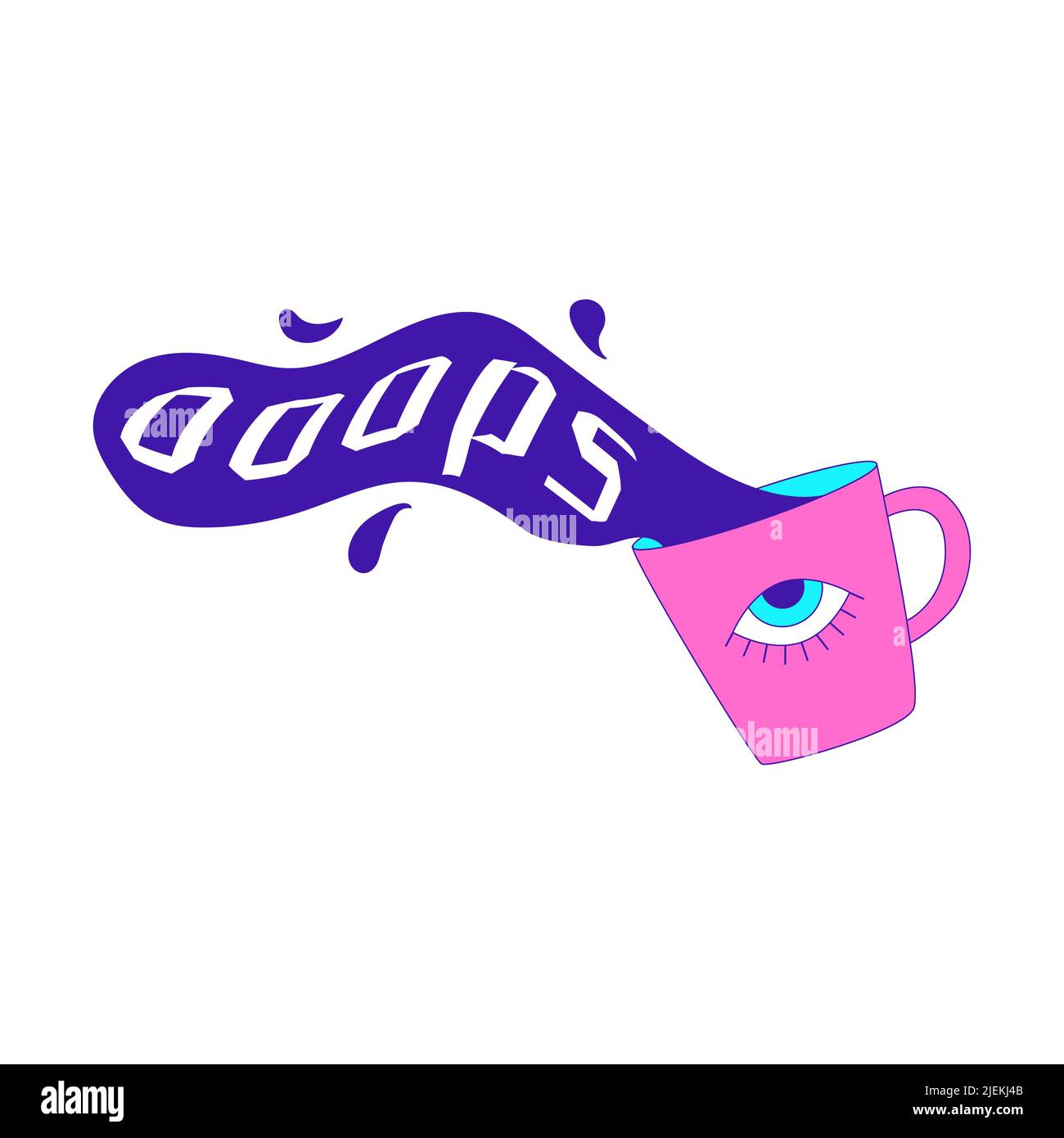 Y2k sticker in shape of mug with a weird eye and a spilling liquid and word Ooops. Text graphic element in bright acid colors. Nostalgia for the 2000s Stock Vector